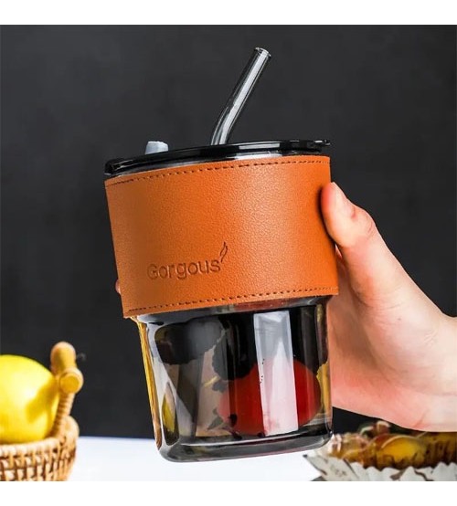 Leather Sleeves Drinking Cup Transparent Bubble Tea Cup Large Capacity Beverage Cup